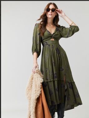 Green maxi dress with black flowers